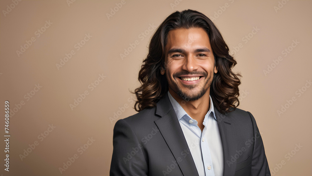 Portrait of smiling latino man with long hair on one-colored background Portrait of smiling latino man with long hair on one-colored background