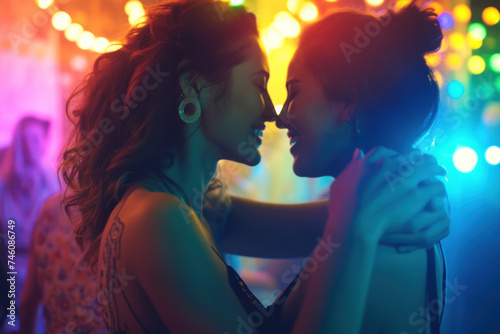  Intimate moment between two women dancing closely at a vibrant party with colorful lights
