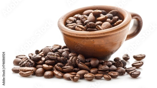 Coffee beans spilled out of a cup isolated on white background