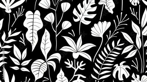 a black and white floral pattern with white flowers and leaves on a black background with a white outline of leaves. photo