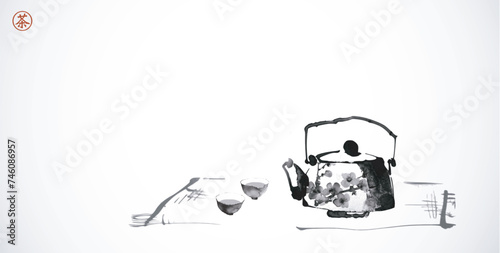 Ink painting of teapot and cups. Traditional tea ceremony scene. Traditional oriental ink painting sumi-e, u-sin, go-hua. Translation of hieroglyph - tea © elinacious