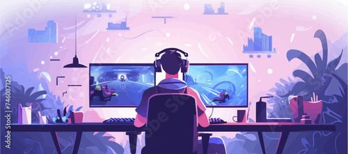 Gamer at computer streaming and commentating game process, tiny people. Video game walkthrough, popular video content, gaming video stream concept. Vector isolated concept creative illustration