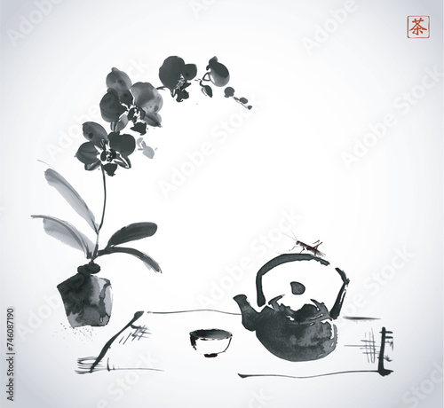Ink wash painting with orchid flowers, teapot and cups. Traditional tea ceremony scene. Oriental ink painting sumi-e, u-sin, go-hua. Translation of hieroglyph - tea