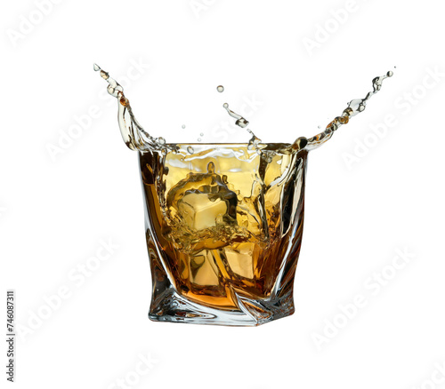 Whiskey splashing in glass isolated on white