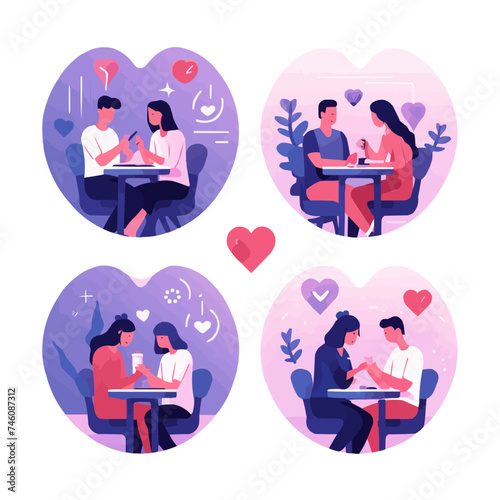 Hangouts abstract concept vector illustration set. Friends meeting, romantic blind date, leisure time, soul mate, romantic relationship, love story, Valentine day, restaurant abstract metaphor