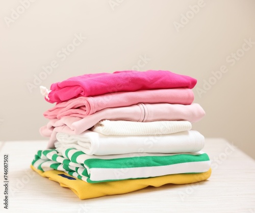 Stack of folded clothes on white table against grey background