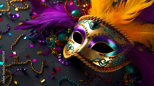 Still life of colorful carnival beads and masks  vibrant background
