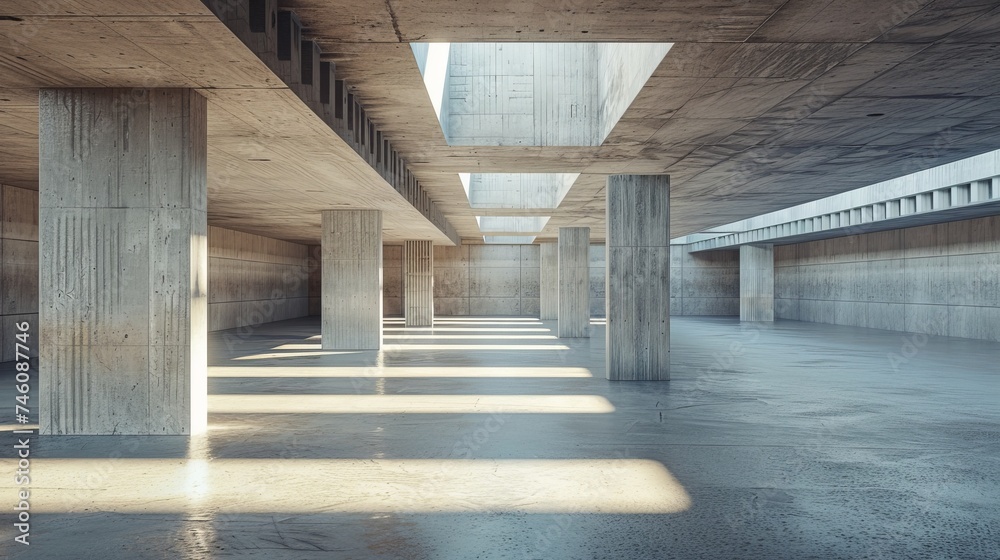 An empty cement floor and concrete architecture in a 3D render.