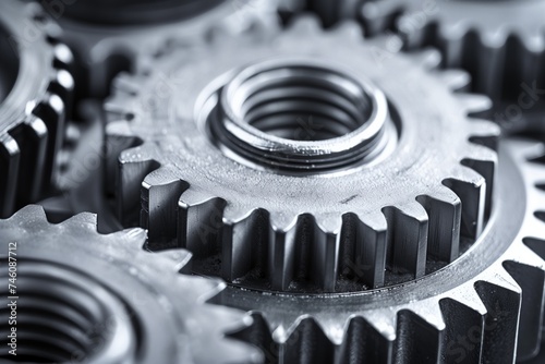 Close-up of interlocking metal gears with selective focus