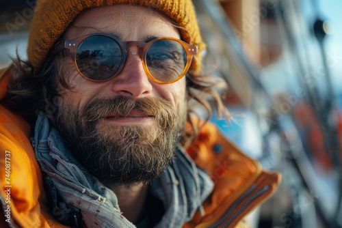 Close-up of a bearded man with sunglasses smiling at a boat harbor