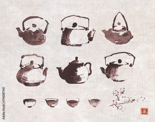 Collection of sumi-e style ink wash paintings of teapots and cups, arranged on a white background. Traditional Japanese ink wash painting sumi-e in vintage style. Translation of hieroglyph - tea