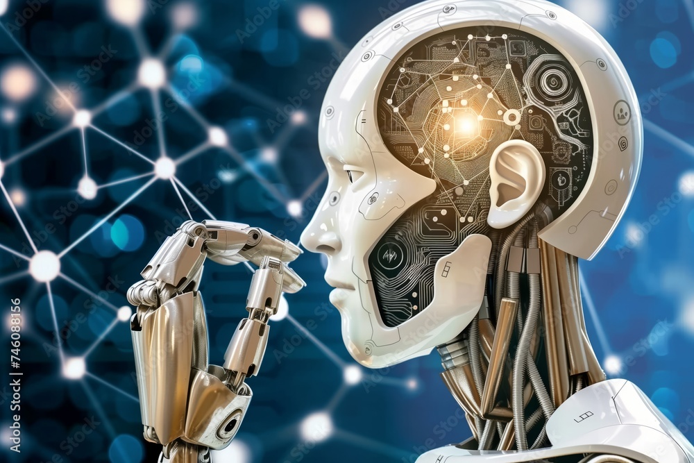 Fototapeta premium Futuristic robot with human-like features pondering digitalization