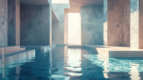 A 3D render of abstract futuristic architecture with concrete flooring. © Zaleman