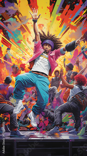 Vibrant Snapshot of Urban Hip Hop Culture: Graffiti, Dancers, and Turntable