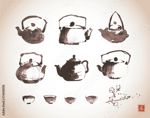 Collection of sumi-e style ink wash paintings of teapots and cups, arranged on a white background. Traditional Japanese ink wash painting sumi-e in vintage style. Translation of hieroglyph - tea