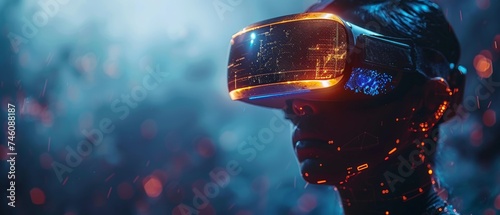 A man wearing VR glasses connects to a metaverse using blockchain and the internet of things, connecting people through network systems, using Big Data. photo