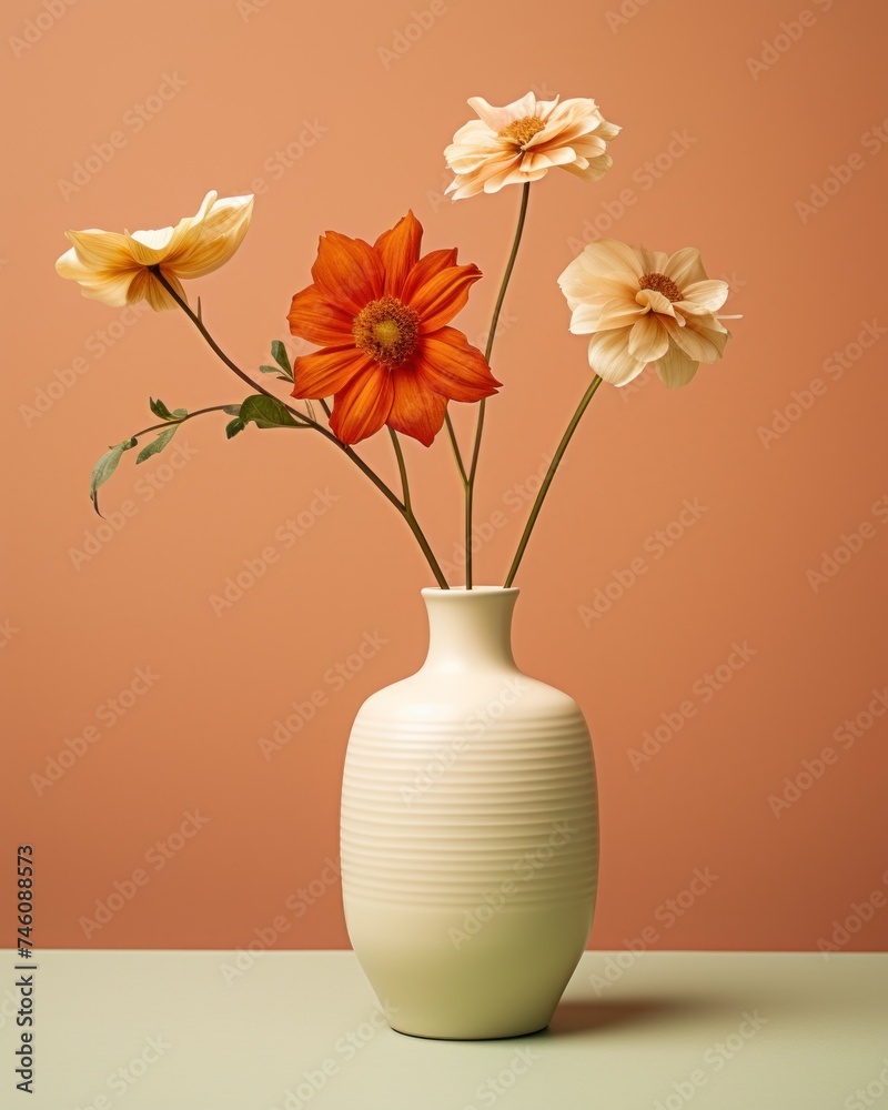 a white vase with orange and yellow flowers in it on a light green surface with a pink wall in the background. a white vase with orange and yellow flowers in it on a light green surface with a pink wall in the background.