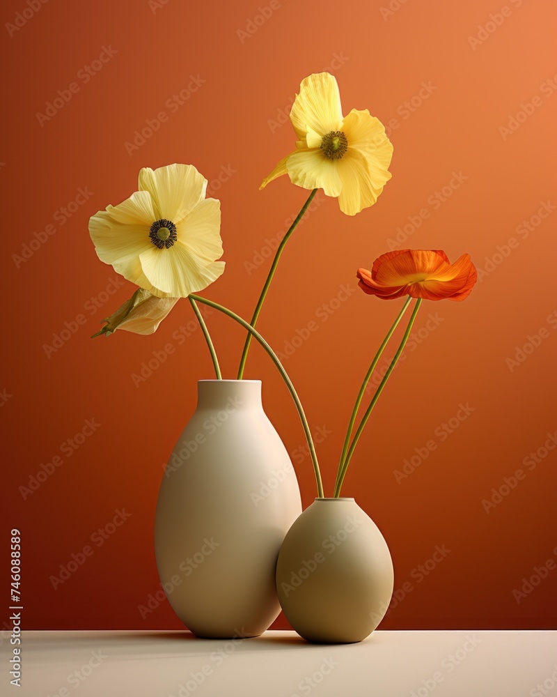 three white vases with yellow and red flowers in them on a white table next to a red and orange wall. three white vases with yellow and red flowers in them on a white table next to a red and orange wall.