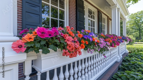 a row of colorful flowers in a window box on a front porch of a house with white railing and black shutters. © Anna