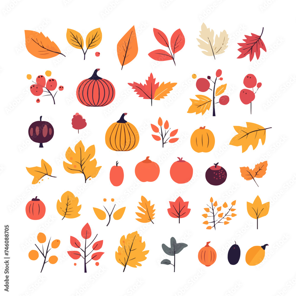 Autumn vector set of bright colourful fall leaves, pumpkins, berries, apple, acorn and chestnut in flat minimal style.