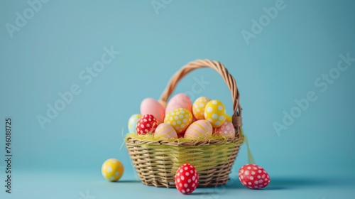 Easter decoration colorful eggs in basket on blue background with copy space. Beautiful colorful easter eggs. Happy Easter. Isolated.