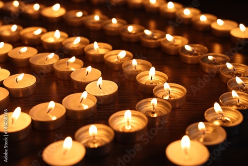 Burning candles on wooden table in darkness