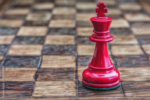 Red king chess piece standing alone on wooden board