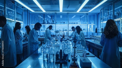 Team of scientists collaborating in a laboratory, conducting experiments and analyzing data together in pursuit of groundbreaking discoveries and innovations
