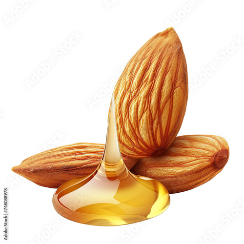 Almonds with an oil drop on white or transparent background