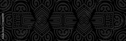 Banner, tribal original cover design. Relief geometric ethnic 3D pattern on a black background. Vintage art, exoticism of the East, Asia, India, Mexico, Aztec, Peru.