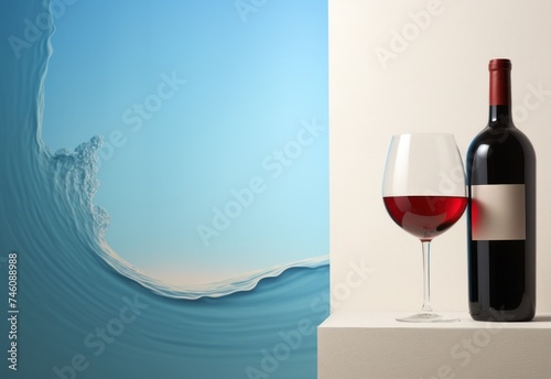 a glass of red wine next to a bottle of red wine on a white shelf with a wave painted on the wall behind it. photo