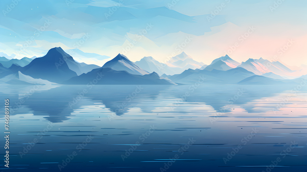 A mountain lake with a blue sky and birds flying ,
Hills and mountains blue background