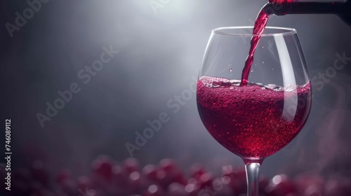 a close up of a wine glass with a red wine being poured into it with a bottle of wine in the background. photo