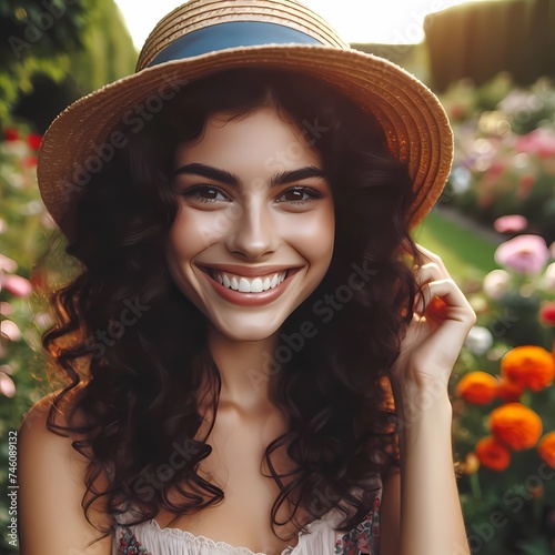 In the garden, a woman wearing a hat while smiling. (ID: 746089132)