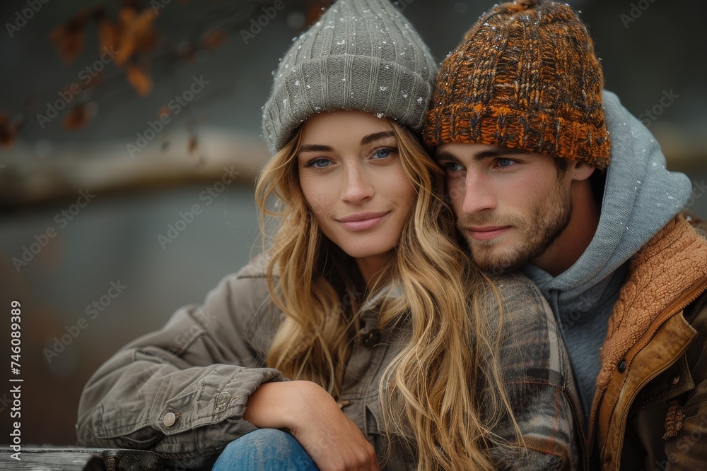 An intimate moment between a man and woman, sharing warmth and comfort in a chilly setting with their affectionate embrace and fashionable winter attire An intimate moment between a man and woman, sharing warmth and comfort in a chilly setting with their affectionate embrace and fashionable winter attire