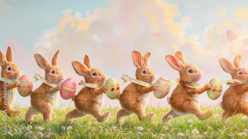 Cute Easter bunnies running on the grass with Easter eggs Cute Easter bunnies running on the grass with Easter eggs