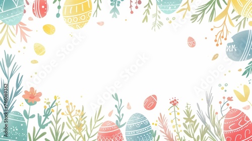 Easter background with hand drawn eggs and floral elements. Vector illustration.