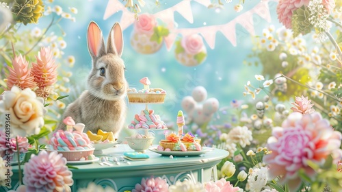 Easter bunny with cake and easter eggs on table in garden
