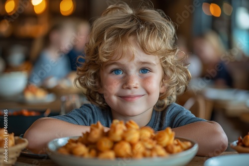 Adorable child with curly blonde hair smiling at the camera, seated at a table with a bowl of pasta