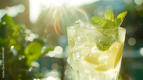 Refrescante limonada gelada com fatia de limão e hortelã em foco capturada em close com lente de 50mm photo