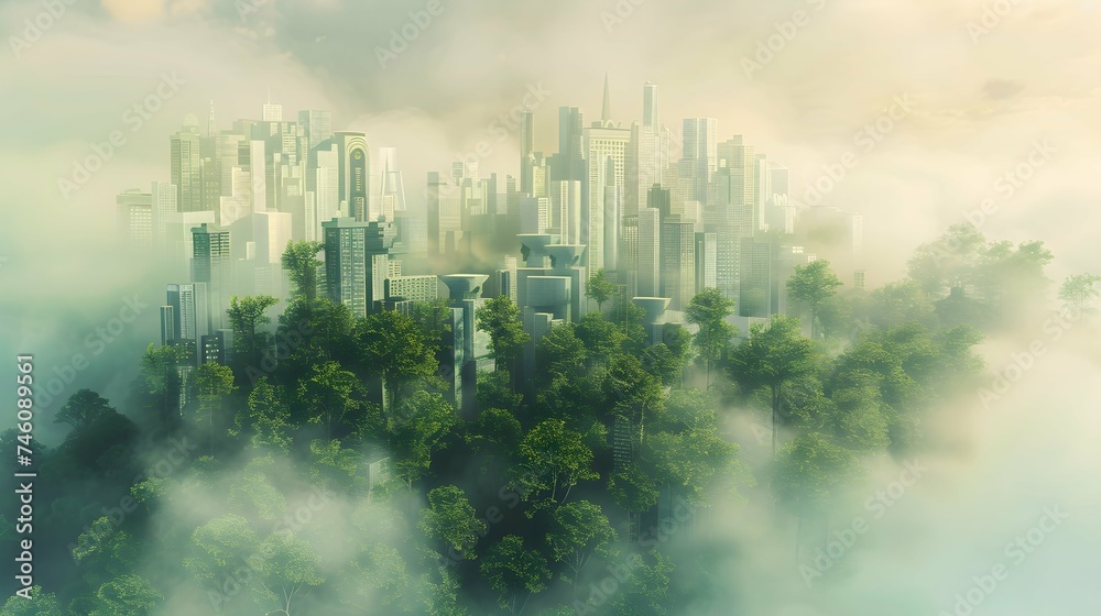 illustration of a tree-filled city on a foggy day. illustration of a tree-filled city on a foggy day.