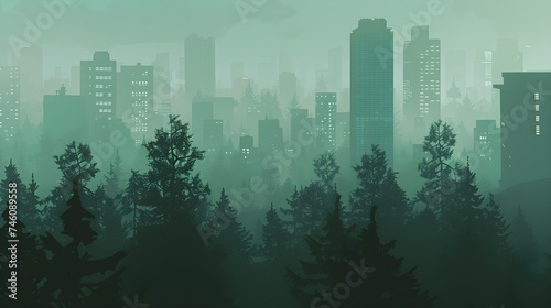 illustration of a tree-filled city on a foggy day.