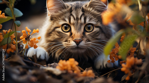 Un chat curieux explorant un jardin secret, découvrant des trésors cachés sous les feuilles et les fleurs.