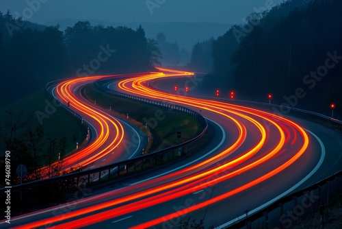 Long exposure of traffic lights on a winding road at dusk