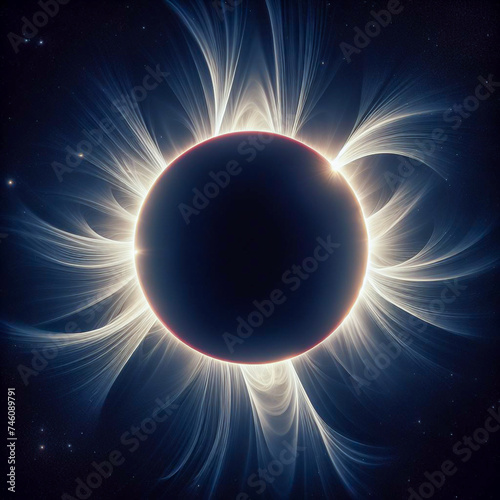 A full solar eclipse by the moon in front of the sun with Baily's beads or diamond ring effect, Solar prominences and surrounding extensive coronal filaments stretching into dark space.