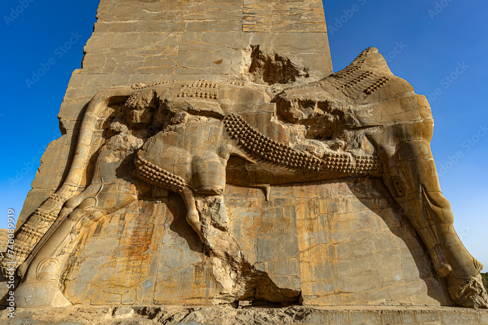 Iran. Persepolis, an ancient capital of the Achaemenid Empire (UNESCO World Heritage site). Gate of All Nations (Gate of Xerxes) - fragment of the western gate with a relief of huge bull