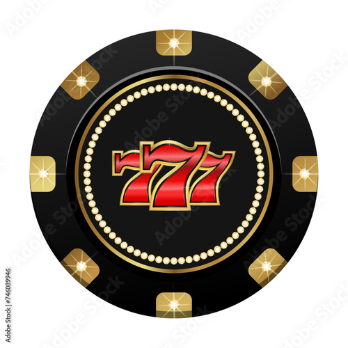 Round vector winning black and gold casino chip with glitter, expensively decorated with diamonds. Flat vector illustration.