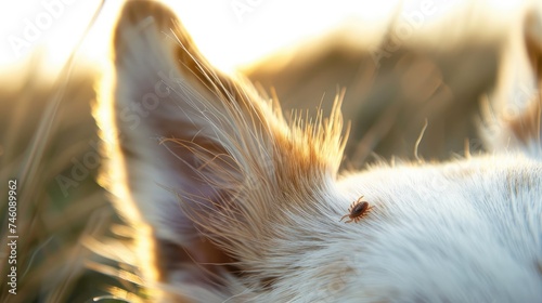 A photo of a small tick on the white fur of an animal, a parasite insect on a dog's muzzle near the ear photo