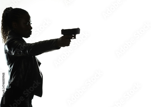 Silhouette of a tough black woman holding a gun. Isolated white background with copy space. Private detective. Investigator. Mystery, thriller, action packed pose. Back light. African american woman.