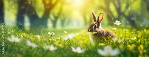 Spring's awakening with a hare amidst blossoming flora. The lush greenery bathed in sunlight provides a peaceful habitat for the woodland creature.